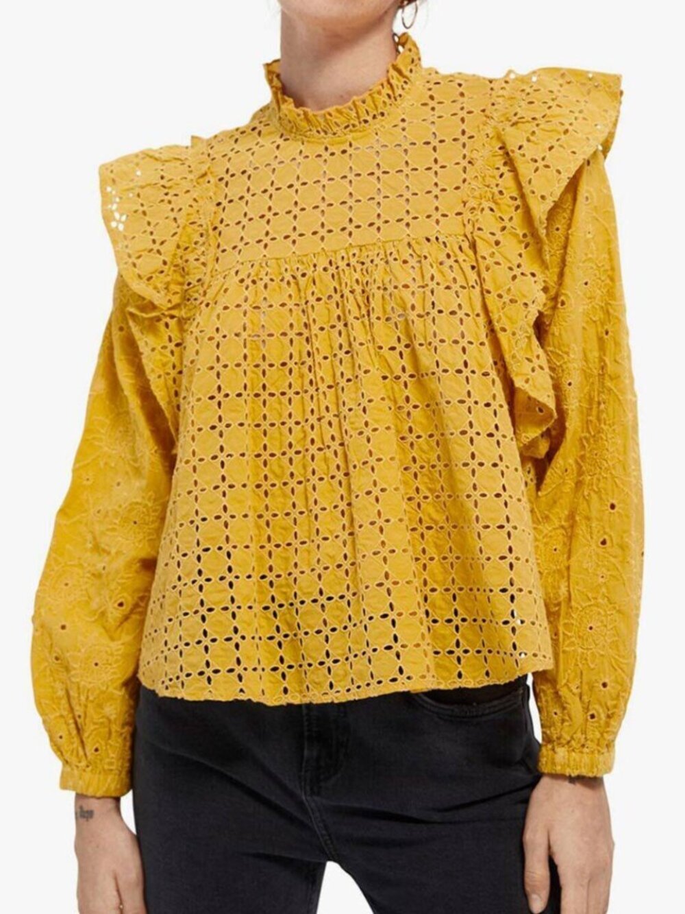 🌟MAISON SCOTCH & SODA 🌟 SCHIFFLI RUFFLE HIGH NECK EYELET BLOUSE YELLOW SZ L